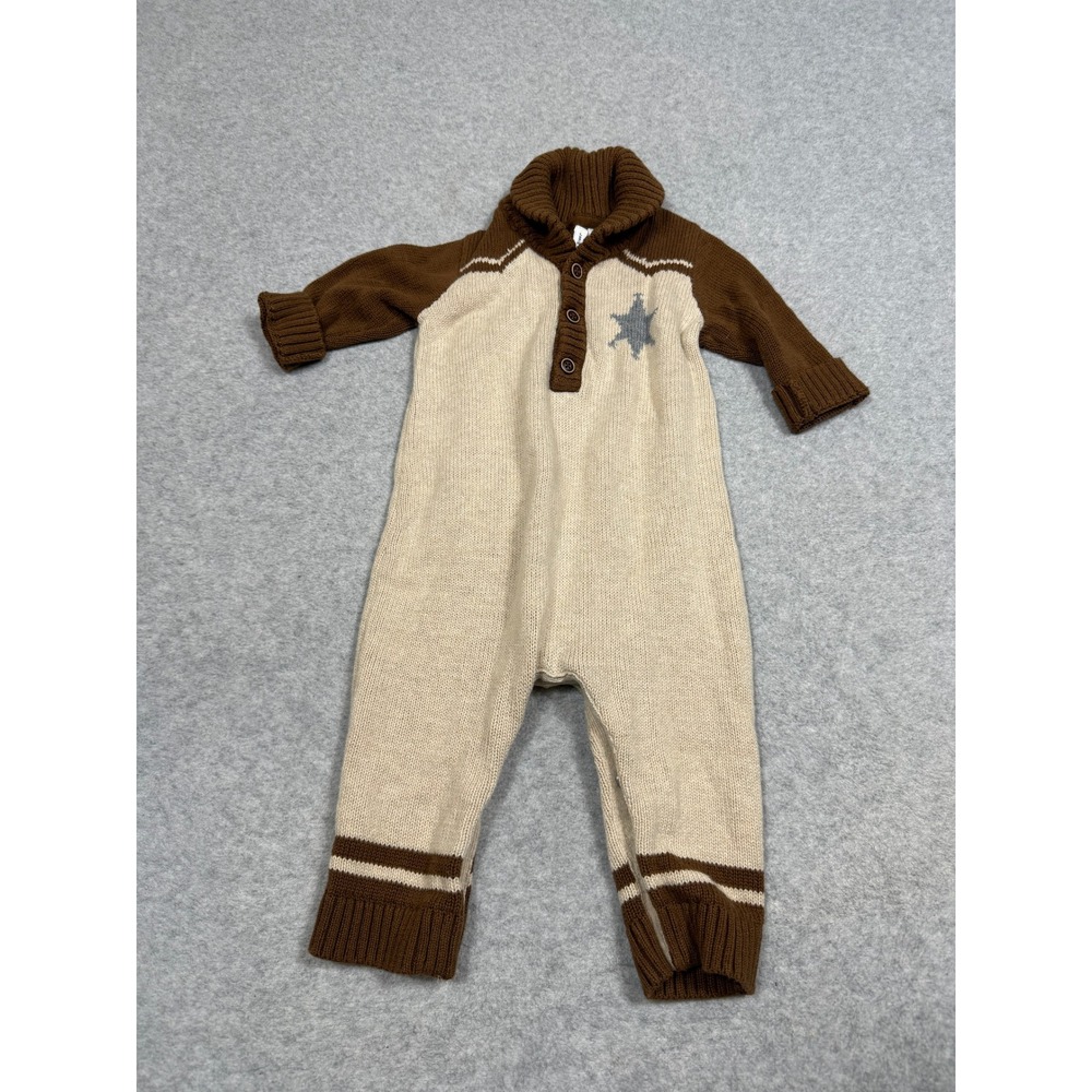Janie and Jack Baby Western Knit Romper Brown Cream Star Horseshoe 3-6 Months